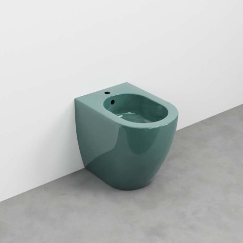 Immagine di Cielo SMILE MINI 48 set sanitari a terra, vaso con scarico a terra, coprivaso in termoindurente frizionato, e bidet monoforo, colore smeraldo finitura lucido SMVASRSM+CPVSMFSM+SMBIDRSM