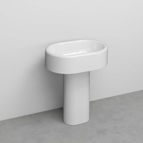 Immagine di Cielo ITACA lavabo ovale da appoggio con colonna, scarico a parete, colore bianco finitura lucido ITLAO+ITCOLP