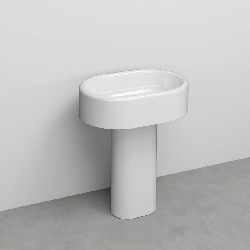Immagine di Cielo ITACA lavabo ovale da appoggio con colonna, scarico a parete, colore bianco finitura lucido ITLAO+ITCOLP