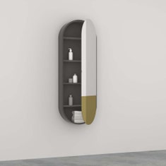 Immagine di Cielo ARCADIA ELIO SLIM specchio contenitore con scocca laccata finitura cemento e vetro bicolore (parte bassa oro), apertura destra SPELSCLDXOC