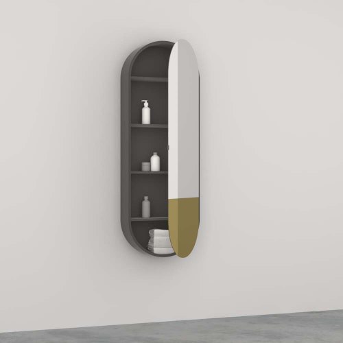 Immagine di Cielo ARCADIA ELIO SLIM specchio contenitore con scocca laccata finitura cemento e vetro bicolore (parte bassa oro), apertura destra SPELSCLDXOC