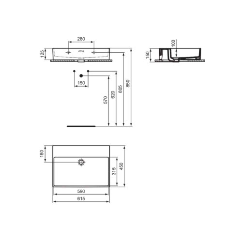 Immagine di Ideal Standard EXTRA lavabo L.61.5 cm, sospeso o da appoggio, con troppopieno, senza foro per rubinetteria, colore bianco finitura lucido R054101