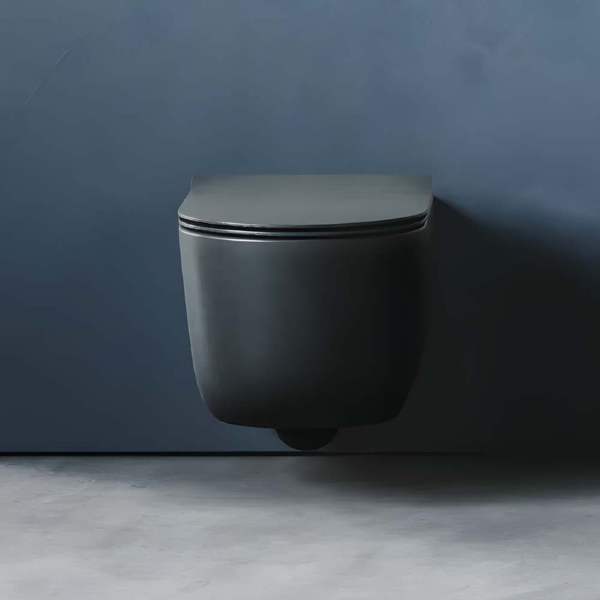 Immagine di Hatria FUTURA set sanitari sospesi, vaso Pure Vortex, senza brida con sedile a discesa rallentata e bidet monoforo, colore nero finitura opaco A0Y9BA02+00Y9D502+A0Y9B802