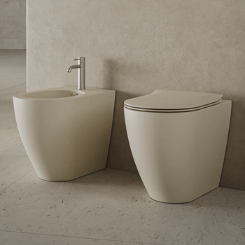 Immagine di Hatria CENTRICA set sanitari a terra, vaso Pure Vortex, senza brida traslato con sedile ia discesa rallentata e bidet monoforo, colore bianco finitura opaco A0Y9DC25+00Y9D525+A0Y9DA25