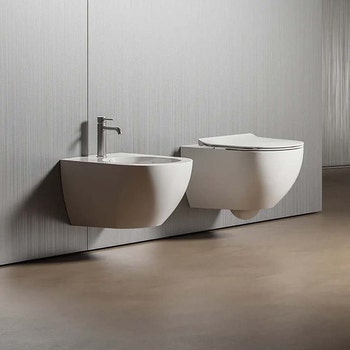 Immagine di Hatria CENTRICA set sanitari sospesi, vaso Pure Vortex, senza brida con sedile a discesa rallentata e bidet monoforo, colore bianco finitura opaco A0Y9DE25+00Y9D525+A0Y9DB25