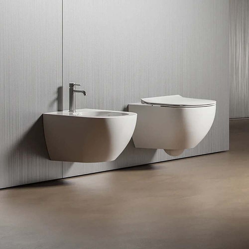Immagine di Hatria CENTRICA set sanitari sospesi, vaso Pure Vortex, senza brida con sedile a discesa rallentata e bidet monoforo, colore bianco finitura opaco A0Y9DE25+00Y9D525+A0Y9DB25