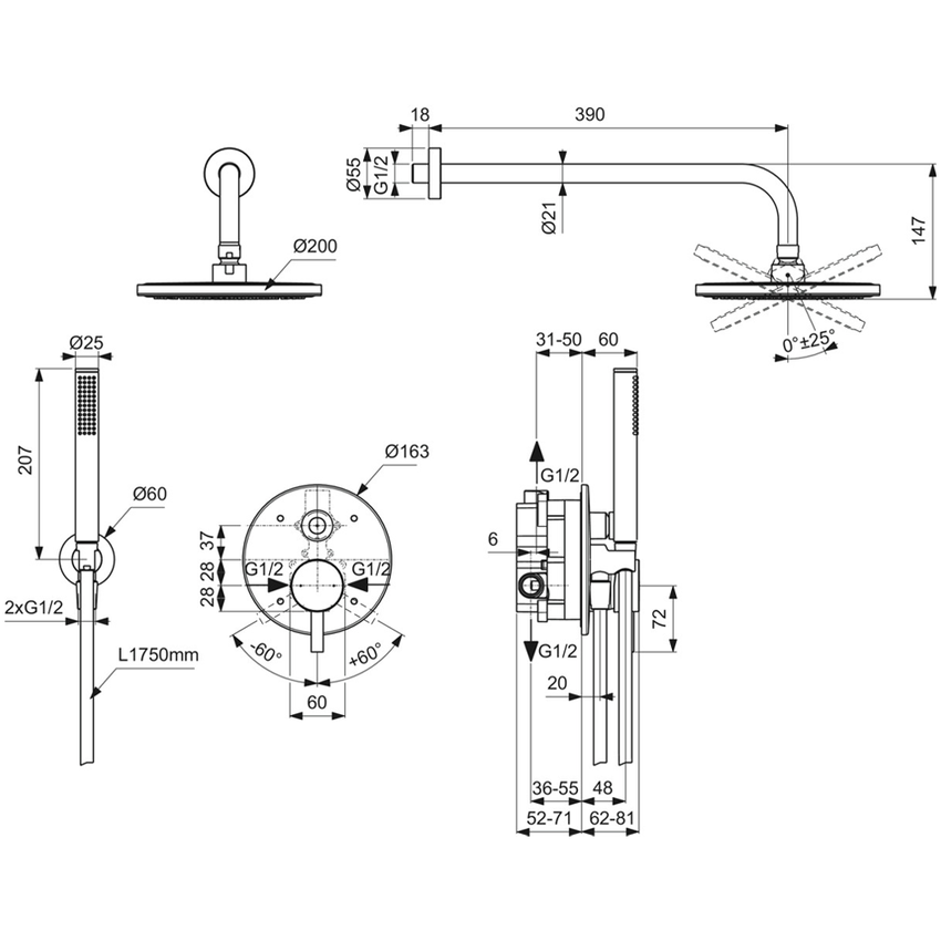 Immagine di Ideal Standard CERALINE kit doccia con miscelatore, soffione rotondo 20 cm, doccetta a una funzione, raccordo erogatore con supporto fisso e flessibile 175 cm, finitura cromo BD192AA