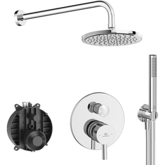 Immagine di Ideal Standard CERALINE kit doccia con miscelatore, soffione rotondo 20 cm, doccetta a una funzione, raccordo erogatore con supporto fisso e flessibile 175 cm, finitura cromo BD192AA