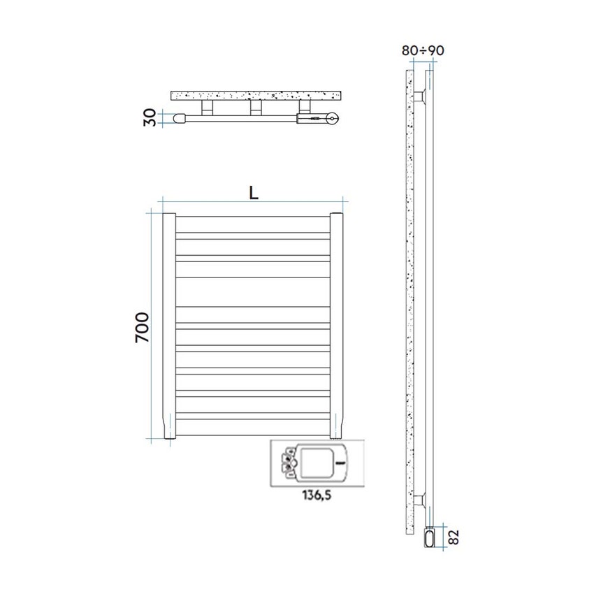 Immagine di Irsap VELA ELETTRICO scaldasalviette, 9 tubi, 1 intervallo, H.70 L.56 P.3 cm, con controllo elettronico, colore bianco standard finitura lucido Cod.01 VES056H01IR01NNN01