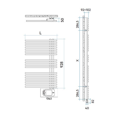 Immagine di Irsap FUNKY_S ELETTRICO scaldasalviette con collettore lato destro, 18 tubi, 2 intervalli, H.92,8 L.50 P.6,2 cm, controllo elettronico, colore bianco standard finitura lucido Cod.01 YRS050H01IR01NNN01