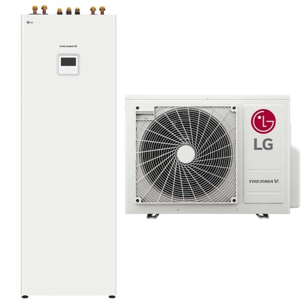 Immagine di LG THERMA V R32 sistema idronico monofase composto da pompa di calore 6 kW e unità interna COMBI UNIT con accumulo 200 litri HU061MR.U20+HN0613T.NK0