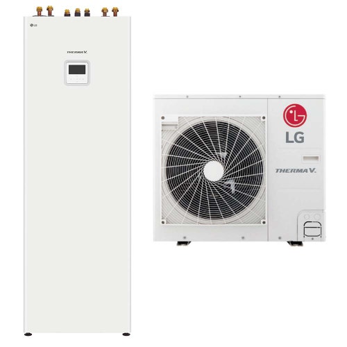 Immagine di LG THERMA V R32 sistema idronico monofase composto da pompa di calore 7 kW e unità interna COMBI UNIT con accumulo 200 litri HU071MR.U44+HN0913T.NK0