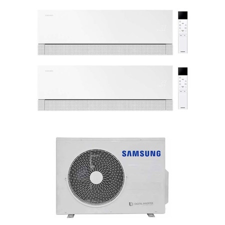 Immagine di Samsung WINDFREE Première Plus Climatizzatore a parete dual split inverter Wi-Fi essential white | unità esterna R32 5.2 kW unità interne 9000+9000 BTU AJ052TXJ3KG/EU+AR70H[09|09]CAAWNEU