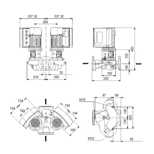 Immagine di Grundfos TPE3 D 32-150 S-A-F-A-BQQE-DYC pompa gemellare a coclea, monostadio, a presa diretta, con bocche di aspirazione e di scarico in linea di diametro identico, portata 10.8 m³/h - prevalenza 8.2 m 99272542