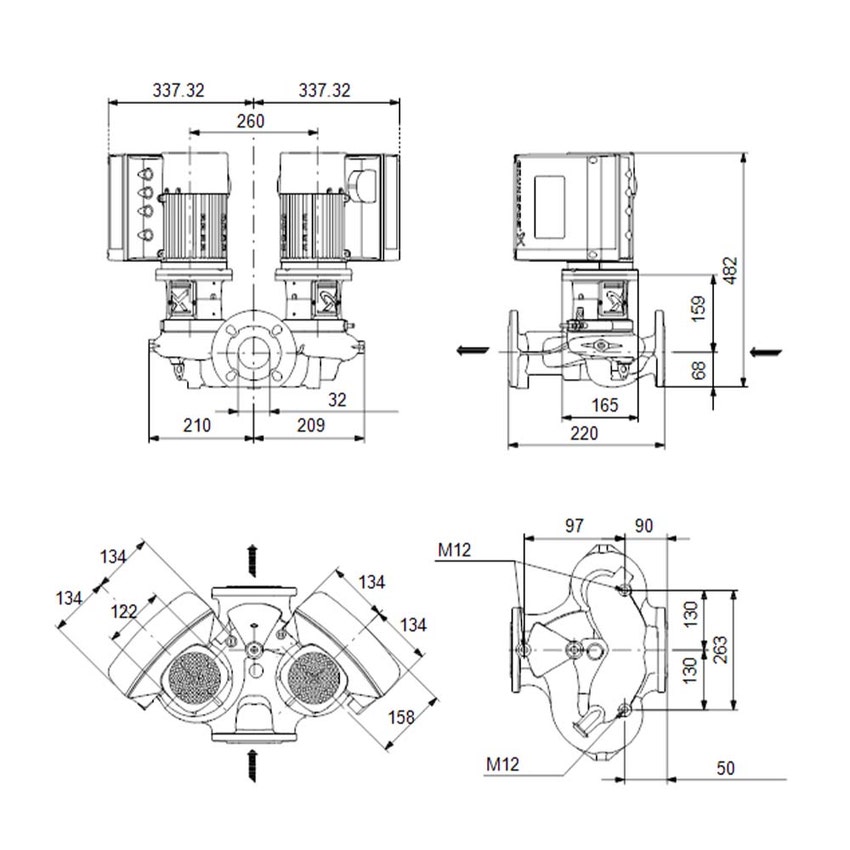 Immagine di Grundfos TPE3 D 32-150 S-A-F-A-BQQE-DYC pompa gemellare a coclea, monostadio, a presa diretta, con bocche di aspirazione e di scarico in linea di diametro identico, portata 10.8 m³/h - prevalenza 8.2 m 99272542