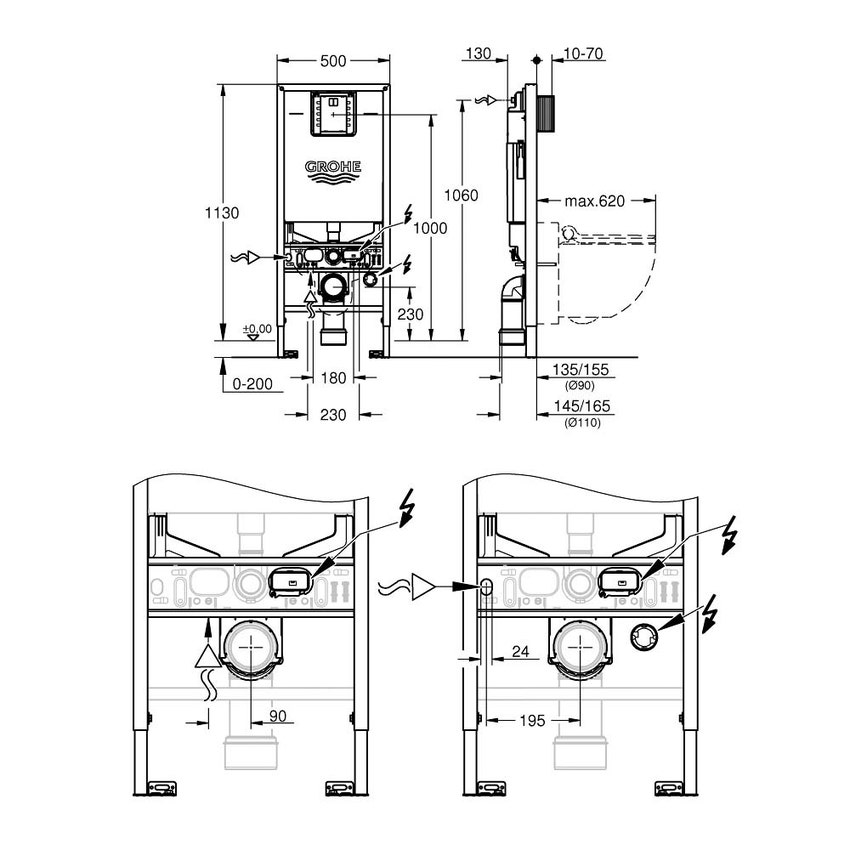 Immagine di Grohe RAPID SLX modulo per vaso sospeso, altezza di installazione H.113 cm con predisposizione idrica e elettrica per shower toilet 39596000