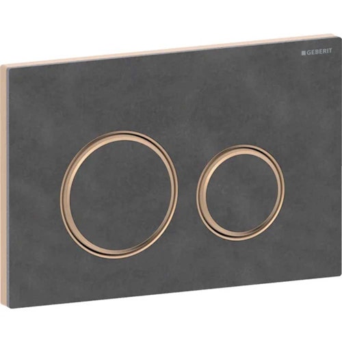 Immagine di Geberit SIGMA50 placca di comando per risciacquo a due quantità, piastra base e anelli di design finitura oro rosso, placca di copertura e tasti finitura ardesia mustang 115.650.JM.1