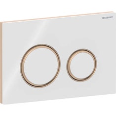 Immagine di Geberit SIGMA50 placca di comando per risciacquo a due quantità, piastra base e anelli di design finitura oro rosso, placca di copertura e tasti colore bianco finitura vetro lucido 115.650.SI.1