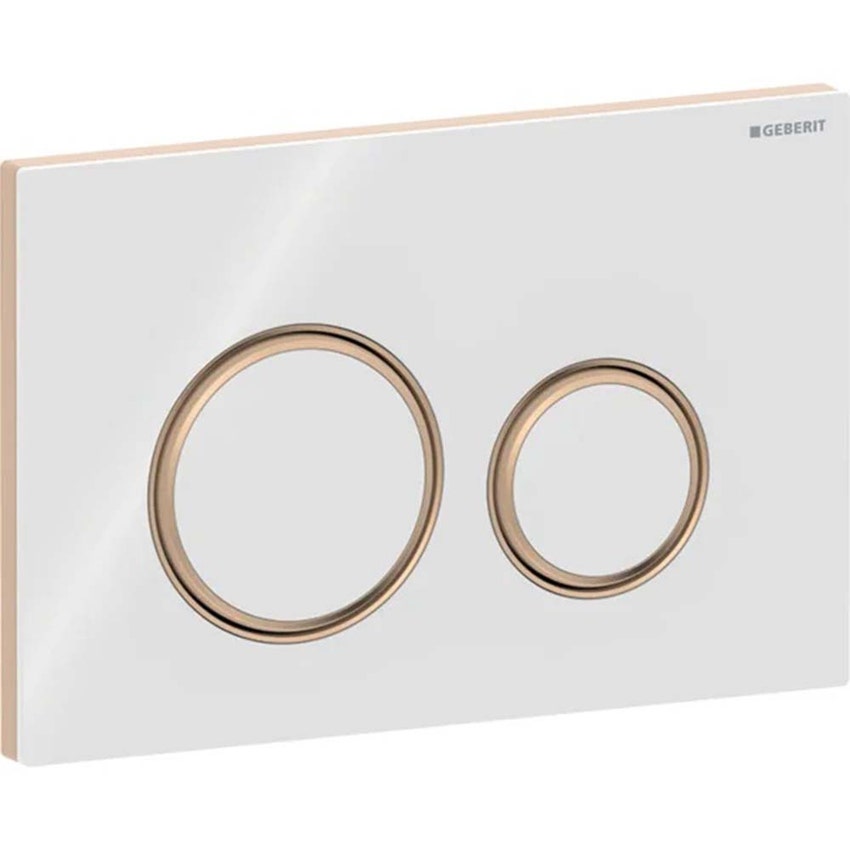 Immagine di Geberit SIGMA50 placca di comando per risciacquo a due quantità, piastra base e anelli di design finitura oro rosso, placca di copertura e tasti colore bianco finitura vetro lucido 115.650.SI.1