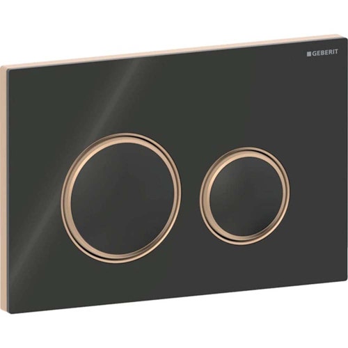 Immagine di Geberit SIGMA50 placca di comando per risciacquo a due quantità, piastra base e anelli di design finitura oro rosso, placca di copertura e tasti colore nero finitura vetro lucido 115.650.SJ.1
