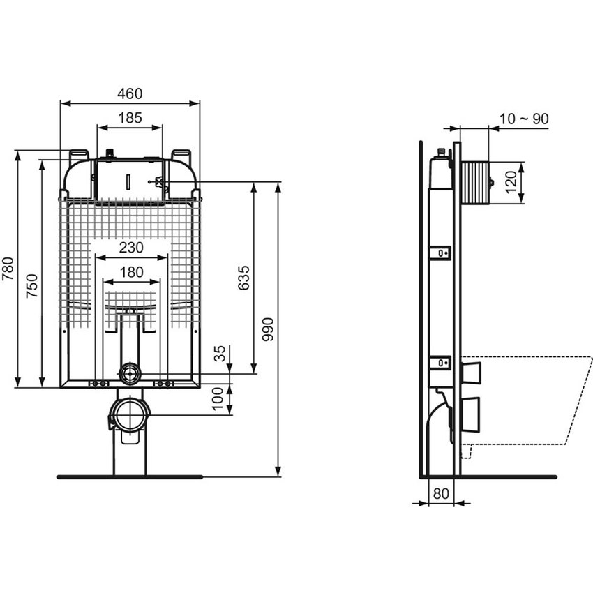 Immagine di Ideal Standard PROSYS 80 modulo installazione wc sospeso con regolazione di fabbrica a 6/3 litri per muratura R014667