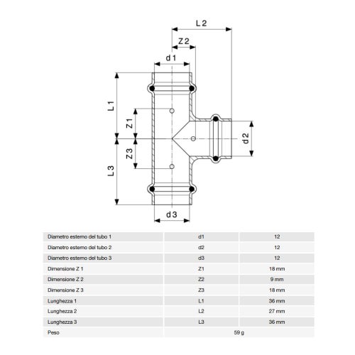 Immagine di Viega PROFIPRESS raccordo a T Ø 12 in rame con sc-contur lucido (acqua) 291884