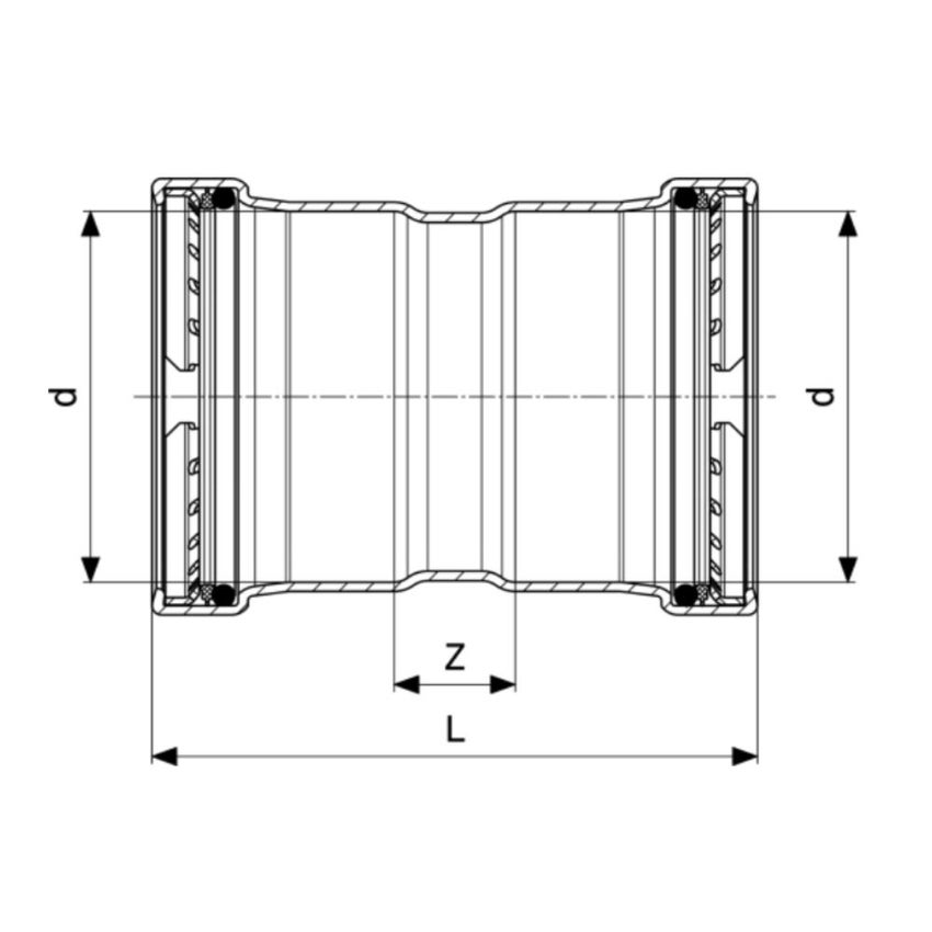 Immagine di Viega PROFIPRESS manicotto da Ø 64 con battente, in rame lucido, con sc-contur (acqua) 577582