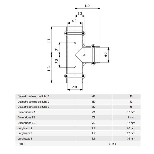 Immagine di Viega  PROFIPRESS G raccordo a T con Ø 12,  in rame lucido con sc-contur (gas) 346959