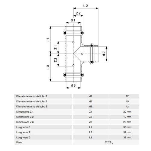 Immagine di Viega  PROFIPRESS G raccordo a T con Ø 12 x 15 x 12,  in rame lucido con sc-contur (gas) 346966