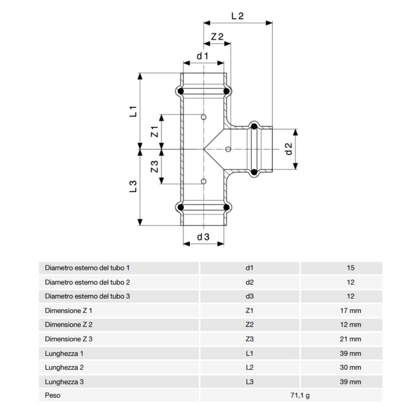 Immagine di Viega  PROFIPRESS G raccordo a T con Ø 15 x 12 x 12,  in rame lucido con sc-contur (gas) 346973