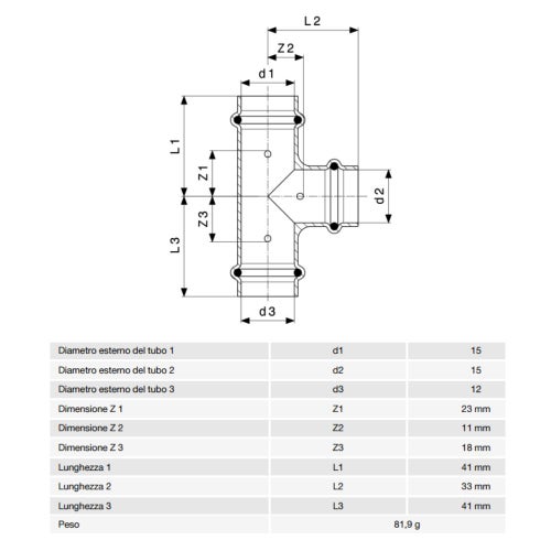 Immagine di Viega  PROFIPRESS G raccordo a T con Ø 15 x 15 x 12,  in rame lucido con sc-contur (gas) 346997