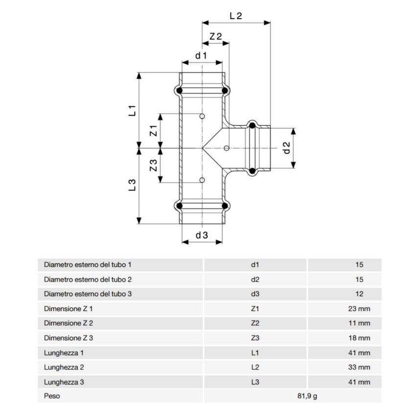 Immagine di Viega  PROFIPRESS G raccordo a T con Ø 15 x 15 x 12,  in rame lucido con sc-contur (gas) 346997
