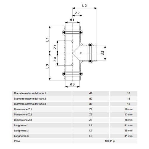 Immagine di Viega  PROFIPRESS G raccordo a T con Ø 18 x 15 x 18,  in rame lucido con sc-contur (gas) 346003