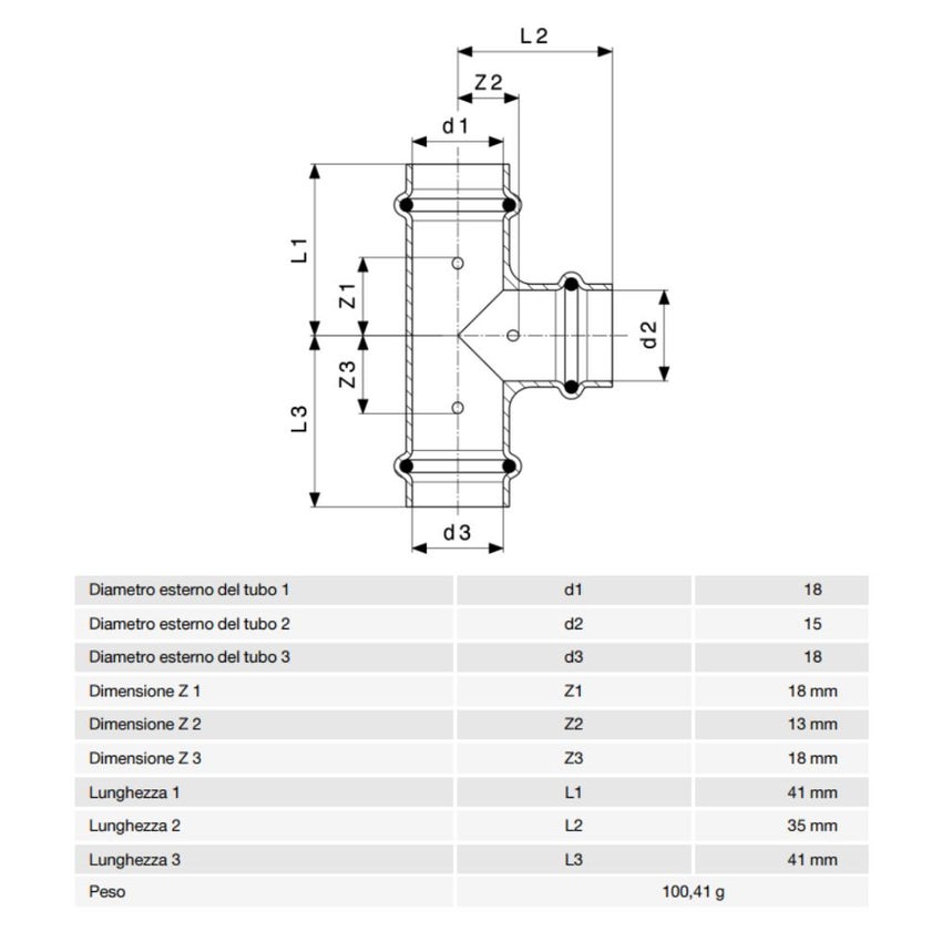 Immagine di Viega  PROFIPRESS G raccordo a T con Ø 18 x 15 x 18,  in rame lucido con sc-contur (gas) 346003