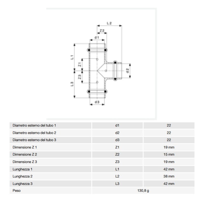 Immagine di Viega PROFIPRESS raccordo a T Ø 22 rame lucido con sc-contur rame (acqua) 291969