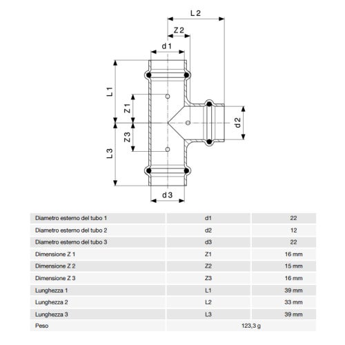 Immagine di Viega  PROFIPRESS G raccordo a T con Ø 22 x 12 x 22,  in rame lucido con sc-contur (gas) 347000