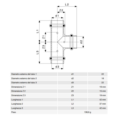 Immagine di Viega  PROFIPRESS G raccordo a T con Ø 22 x 18 x 22,  in rame lucido con sc-contur (gas) 346034
