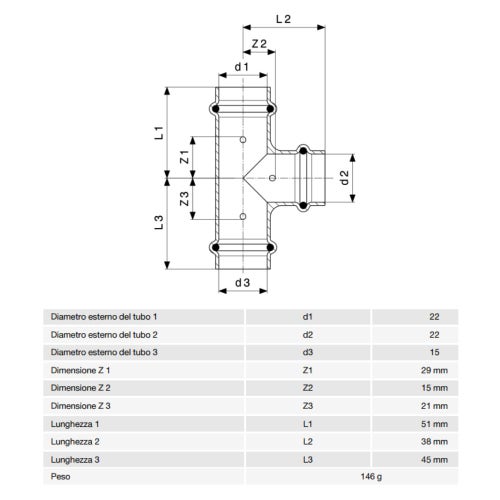 Immagine di Viega  PROFIPRESS G raccordo a T con Ø 22 x 22 x 15,  in rame lucido con sc-contur (gas) 346041