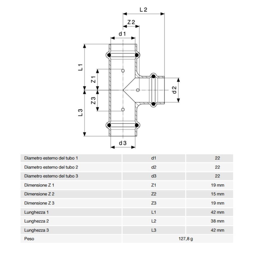 Immagine di Viega  PROFIPRESS G raccordo a T con Ø 22,  in rame lucido con sc-contur (gas) 345952