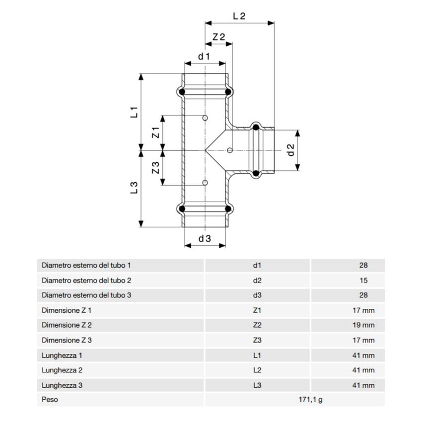Immagine di Viega  PROFIPRESS G raccordo a T con Ø 28 x 15 x 28,  in rame lucido con sc-contur (gas) 346058
