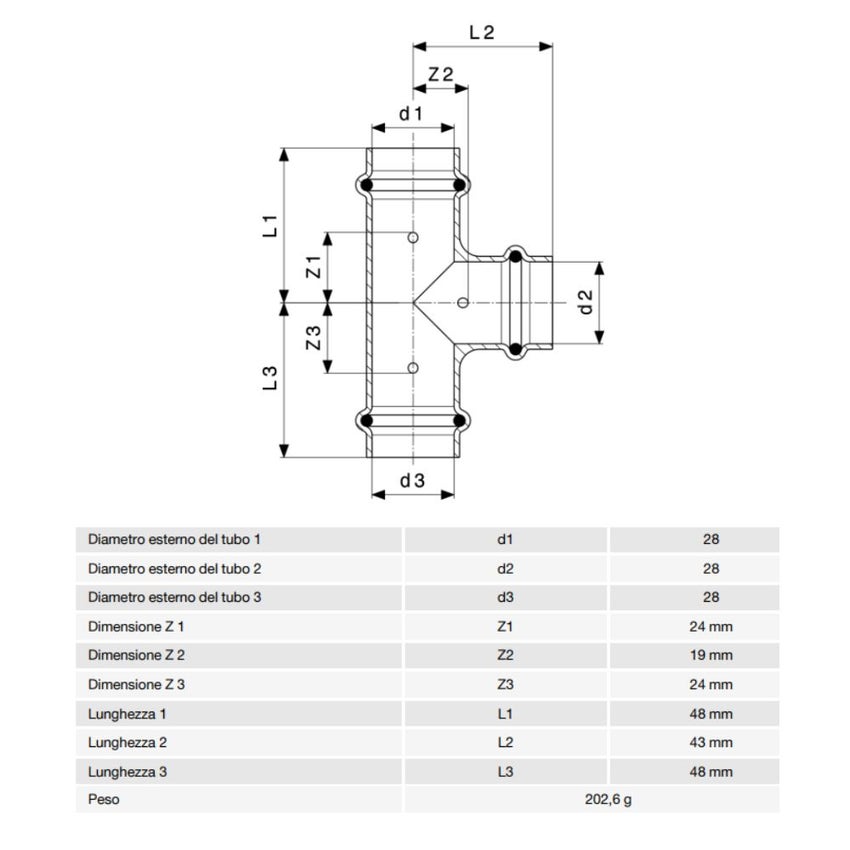 Immagine di Viega  PROFIPRESS G raccordo a T con Ø 28,  in rame lucido con sc-contur (gas) 345969