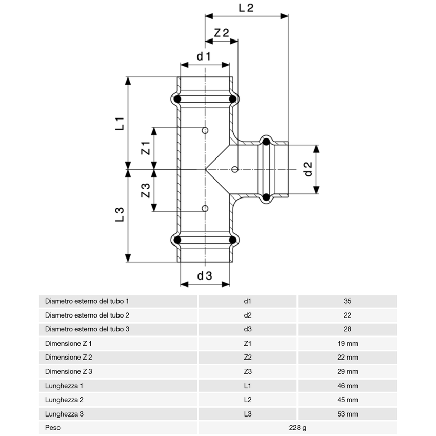 Immagine di Viega PROFIPRESS raccordo a T Ø 35 x 22 x 28 rame lucido con sc-contur rame (acqua) 324889