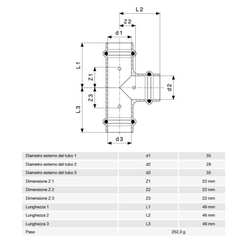 Immagine di Viega  PROFIPRESS G raccordo a T con Ø 35 x 28 x 35,  in rame lucido con sc-contur (gas) 346089