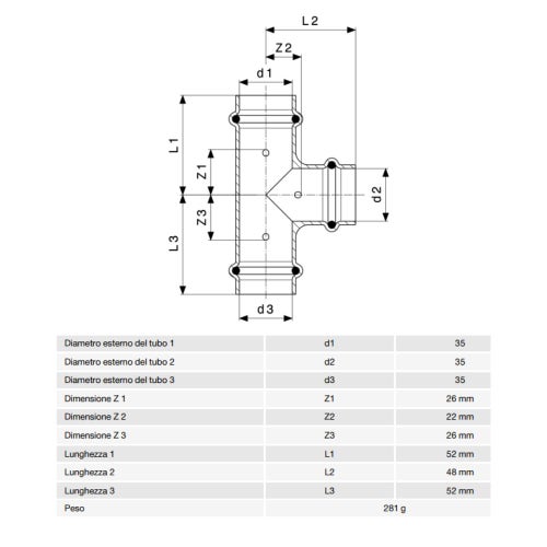Immagine di Viega  PROFIPRESS G raccordo a T con Ø 35,  in rame lucido con sc-contur (gas) 345976