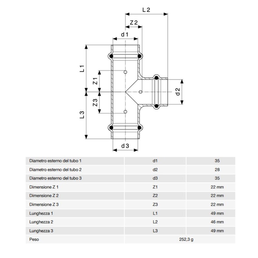 Immagine di Viega  PROFIPRESS G raccordo a T con Ø 42 x 22 x 42,  in rame lucido con sc-contur (gas) 664589