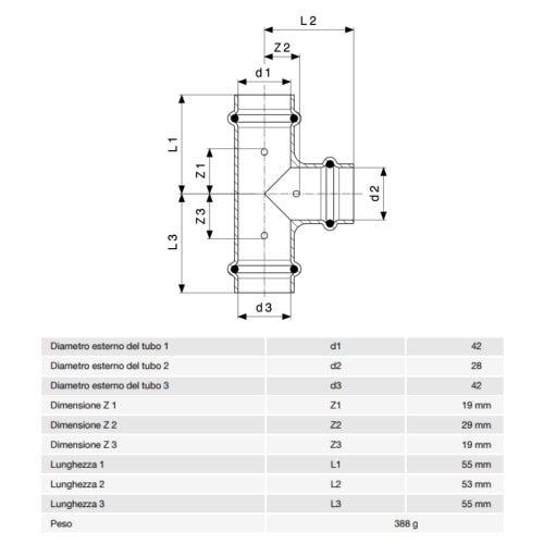 Immagine di Viega  PROFIPRESS G raccordo a T con Ø 42 x 28 x 42, in rame lucido con sc-contur (gas) 346096