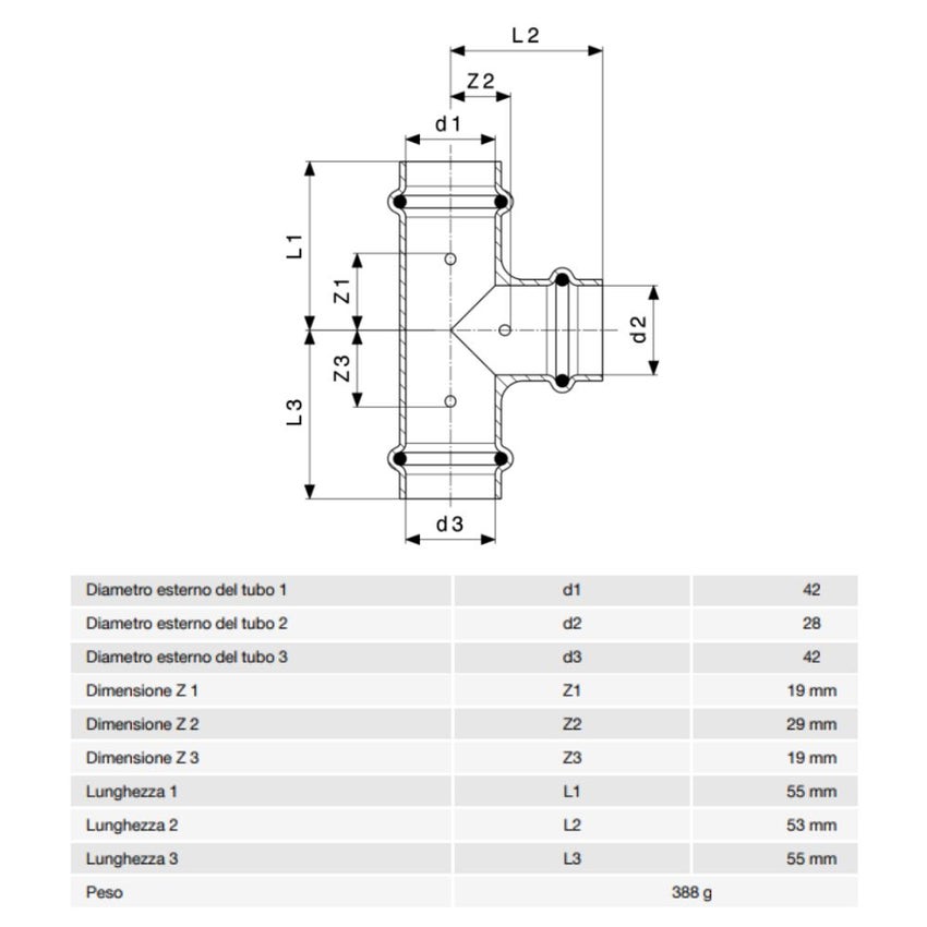 Immagine di Viega  PROFIPRESS G raccordo a T con Ø 42 x 28 x 42, in rame lucido con sc-contur (gas) 346096