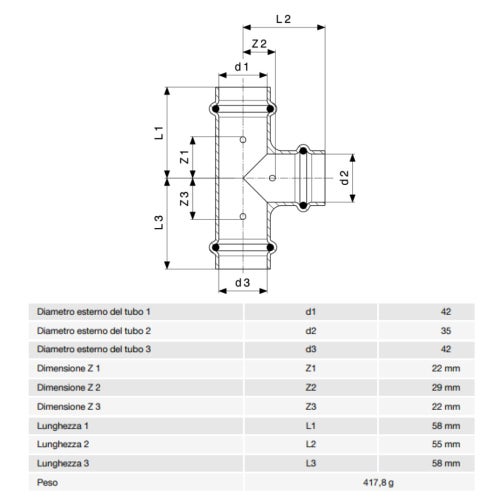 Immagine di Viega  PROFIPRESS G raccordo a T con Ø 42 x 35 x 42,  in rame lucido con sc-contur (gas) 346102
