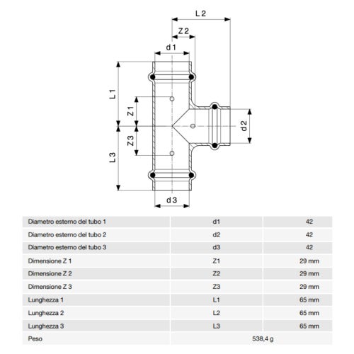 Immagine di Viega  PROFIPRESS G raccordo a T con Ø 42, in rame lucido con sc-contur (gas) 345983