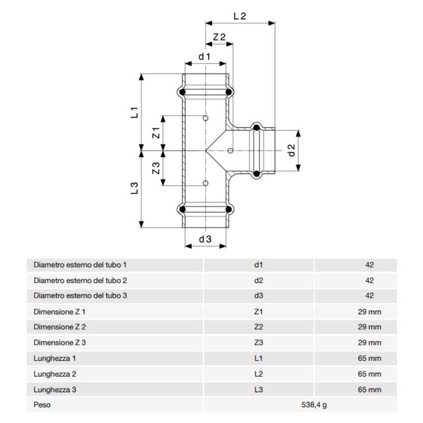 Immagine di Viega  PROFIPRESS G raccordo a T con Ø 42, in rame lucido con sc-contur (gas) 345983
